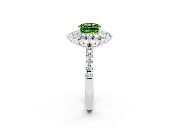 White gold Cushion Cut Cut Diamond Floral Halo Pave Band with Prong Setting