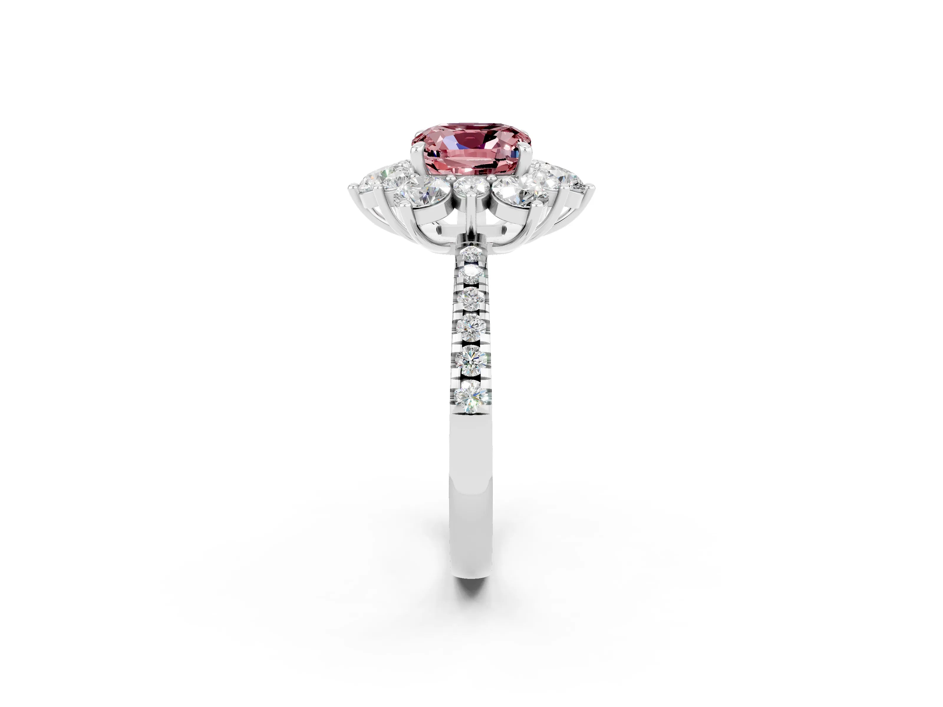 White gold Cushion Cut Cut Diamond Floral Halo Pave Band with Prong Setting_2