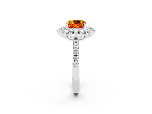 Platinum Cushion Cut Citrine Floral Halo Ring with Round Pavé Band and Prong Setting