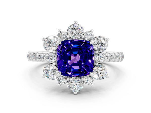 White gold Cushion Cut Tanzanite Floral Halo Ring with Round Pavé Band and Prong Setting