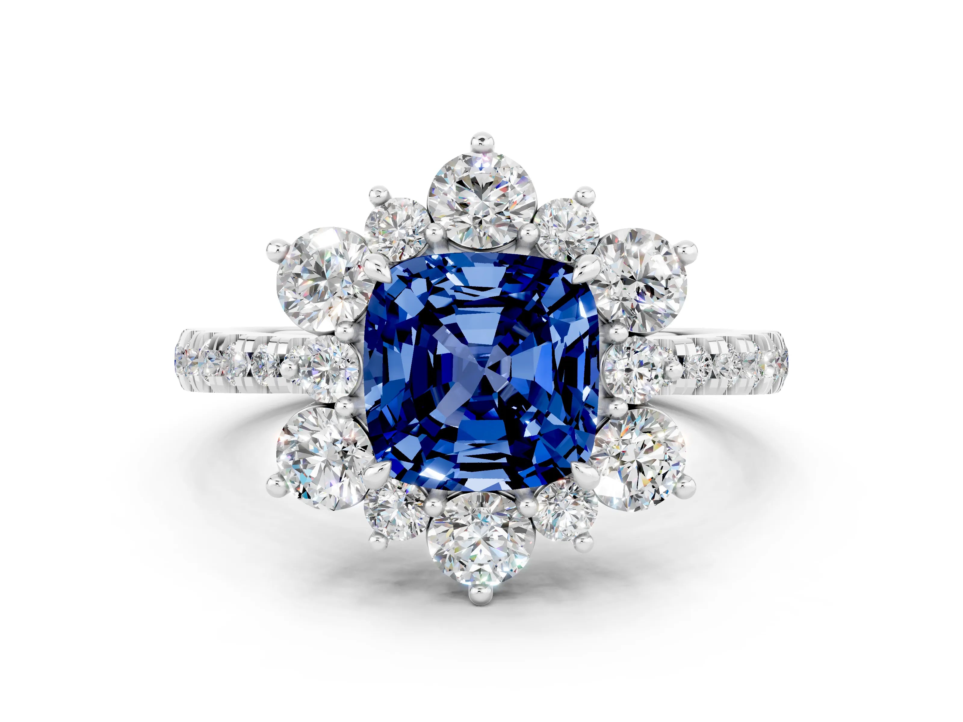 White gold Cushion Cut Cut Diamond Floral Halo Pave Band with Prong Setting