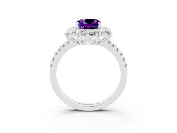 Silver Cushion Cut Amethyst Floral Halo Ring with Round Pavé Band and Prong Setting