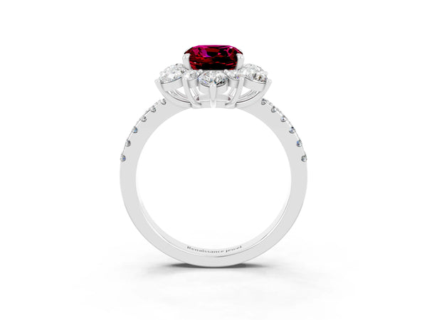White gold Cushion Cut Garnet Floral Halo Ring with Round Pavé Band and Prong Setting