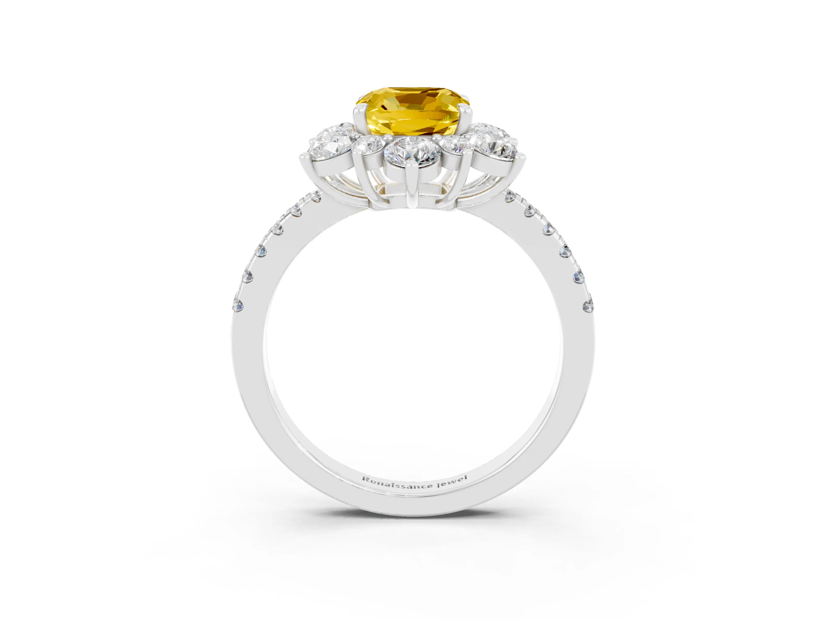 White gold Cushion Cut Cut Diamond Floral Halo Pave Band with Prong Setting_3