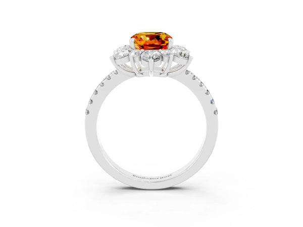 White gold Cushion Cut Citrine Floral Halo Ring with Round Pavé Band and Prong Setting
