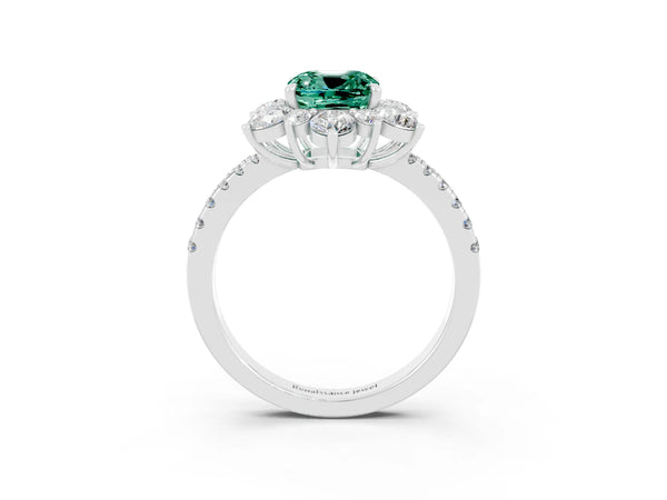 Silver Cushion Cut Green Sapphire Floral Halo Ring with Round Pavé Band and Prong Setting