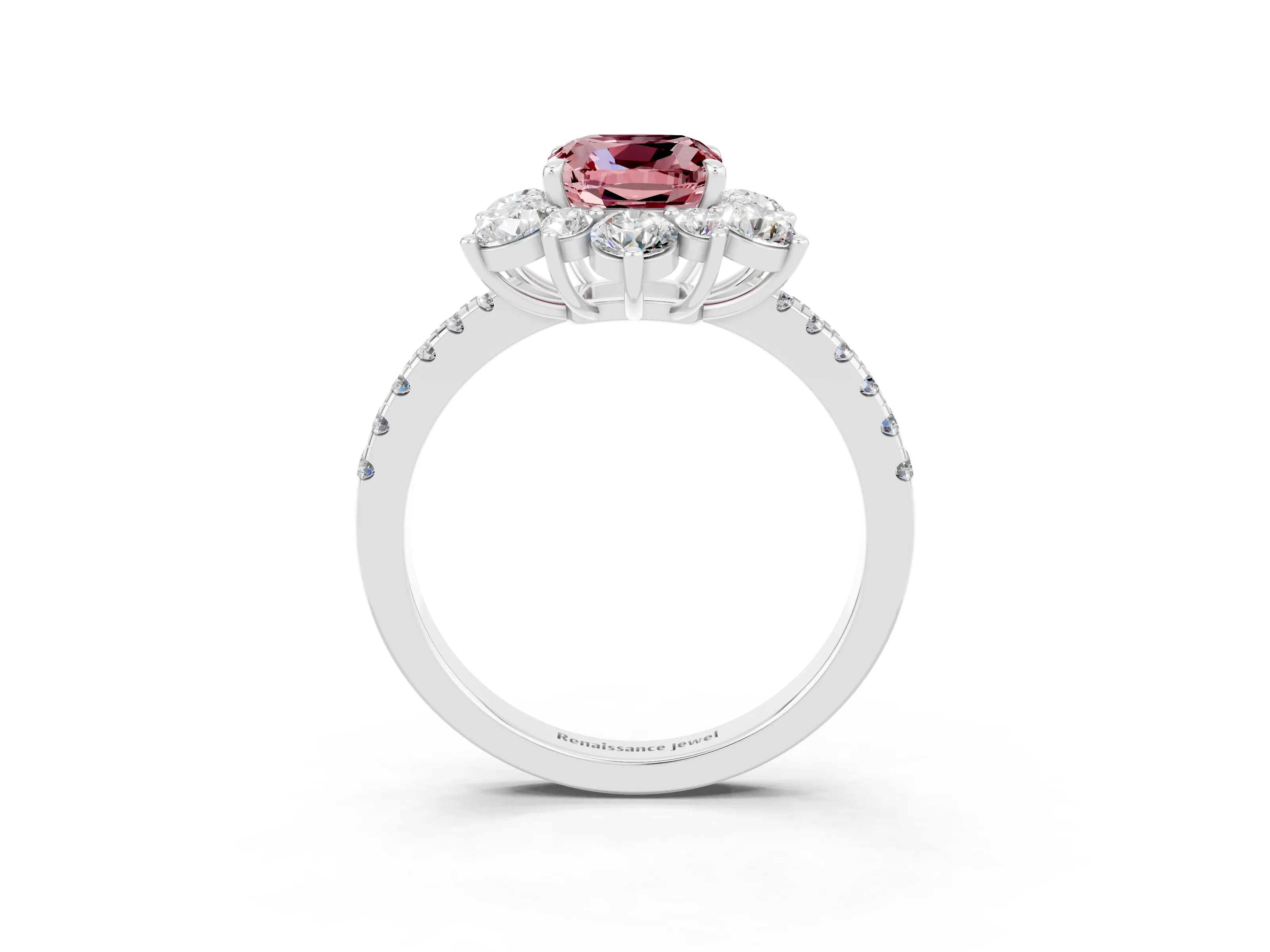 White gold Cushion Cut Cut Diamond Floral Halo Pave Band with Prong Setting_3