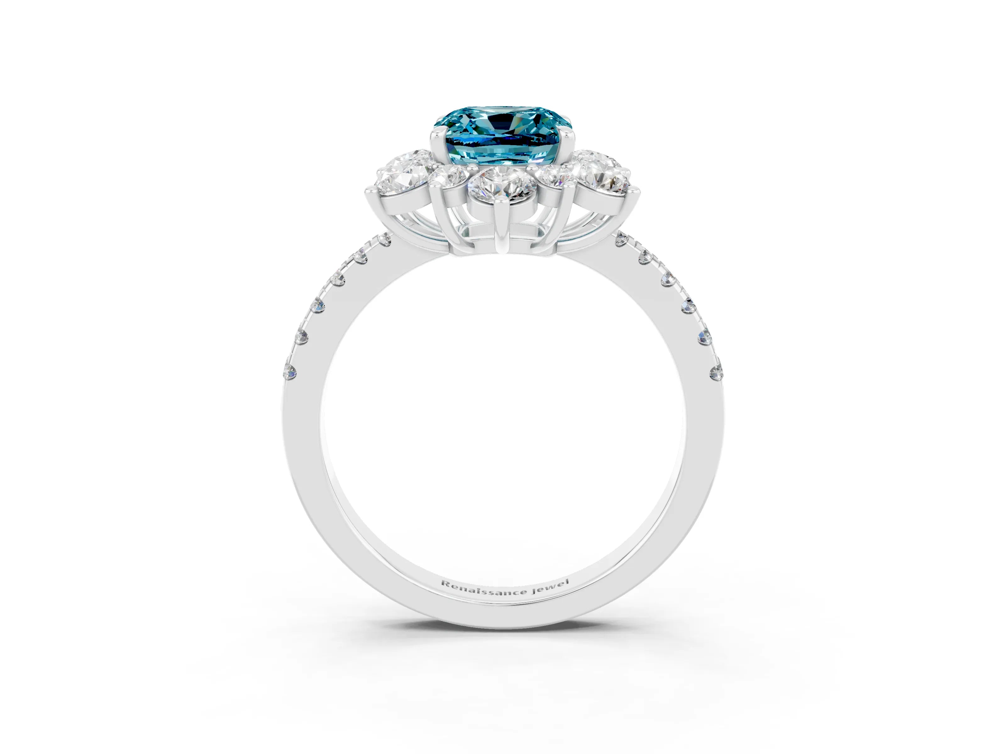 White gold Cushion Cut Cut Diamond Floral Halo Pave Band with Prong Setting_3