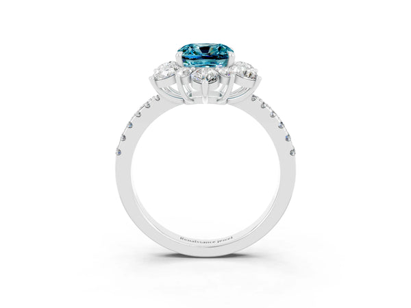 White gold Cushion Cut Cut Diamond Floral Halo Pave Band with Prong Setting