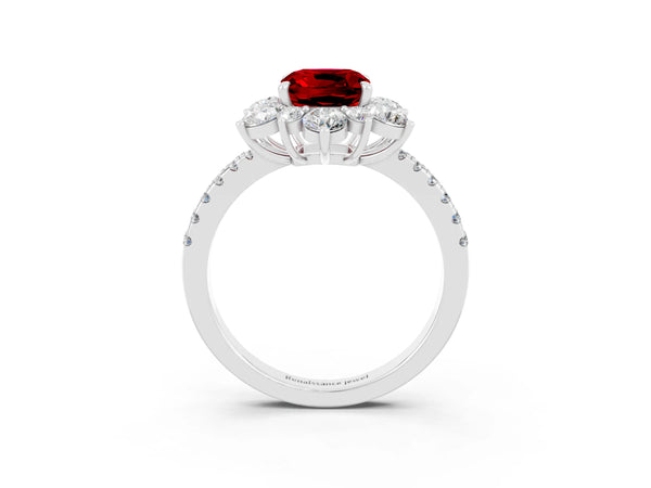 White gold Cushion Cut Ruby Floral Halo Ring with Round Pavé Band and Prong Setting