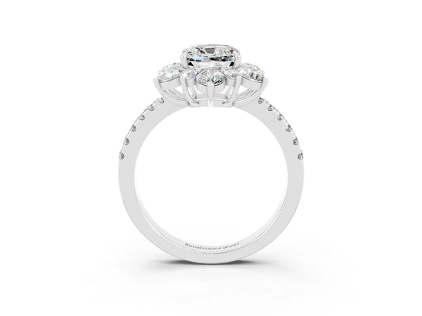 White gold Cushion Cut Moissanite Floral Halo Ring with Round Pavé Band and Prong Setting