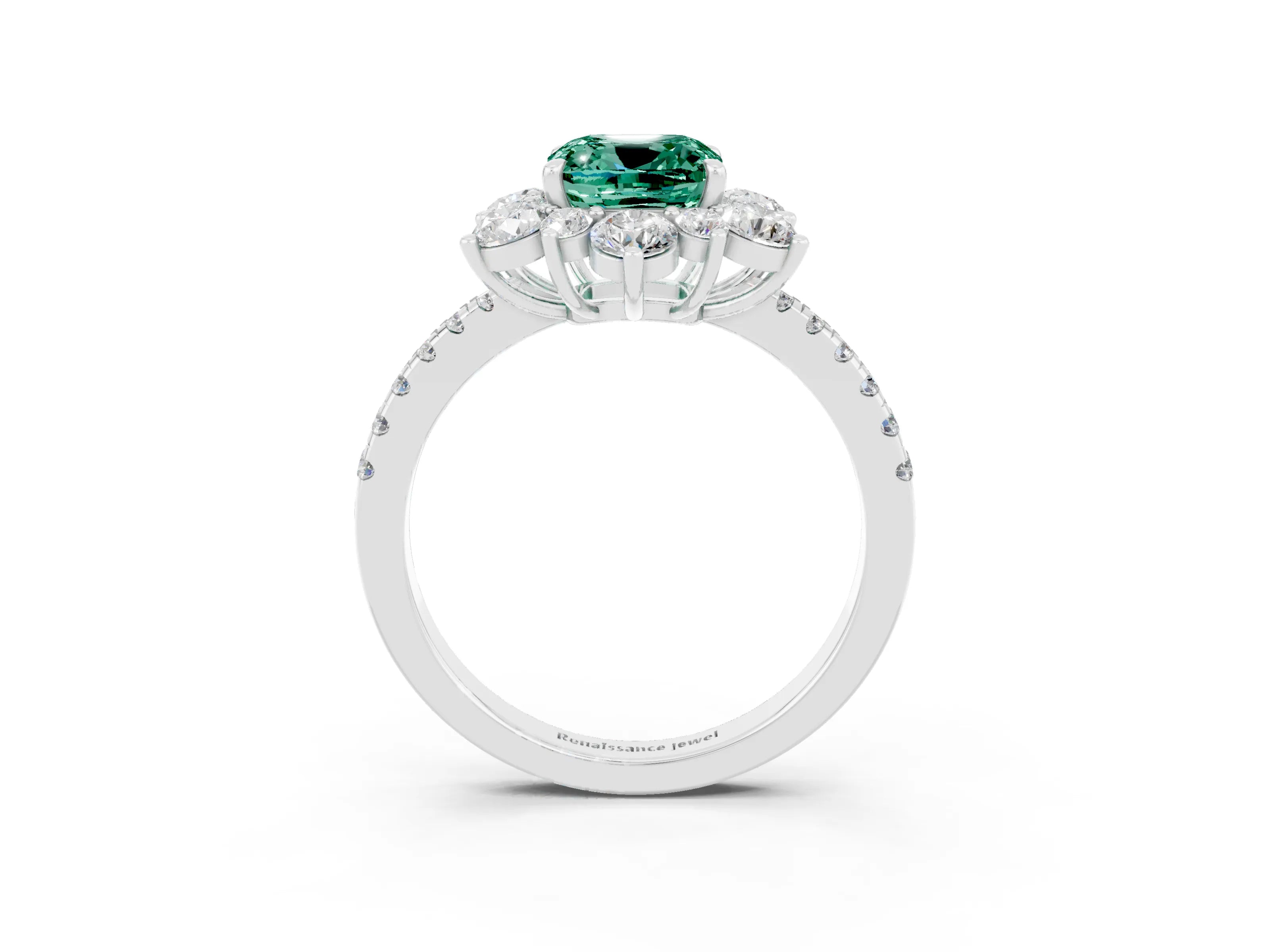 White gold Cushion Cut Cut Diamond Floral Halo Pave Band with Prong Setting_3