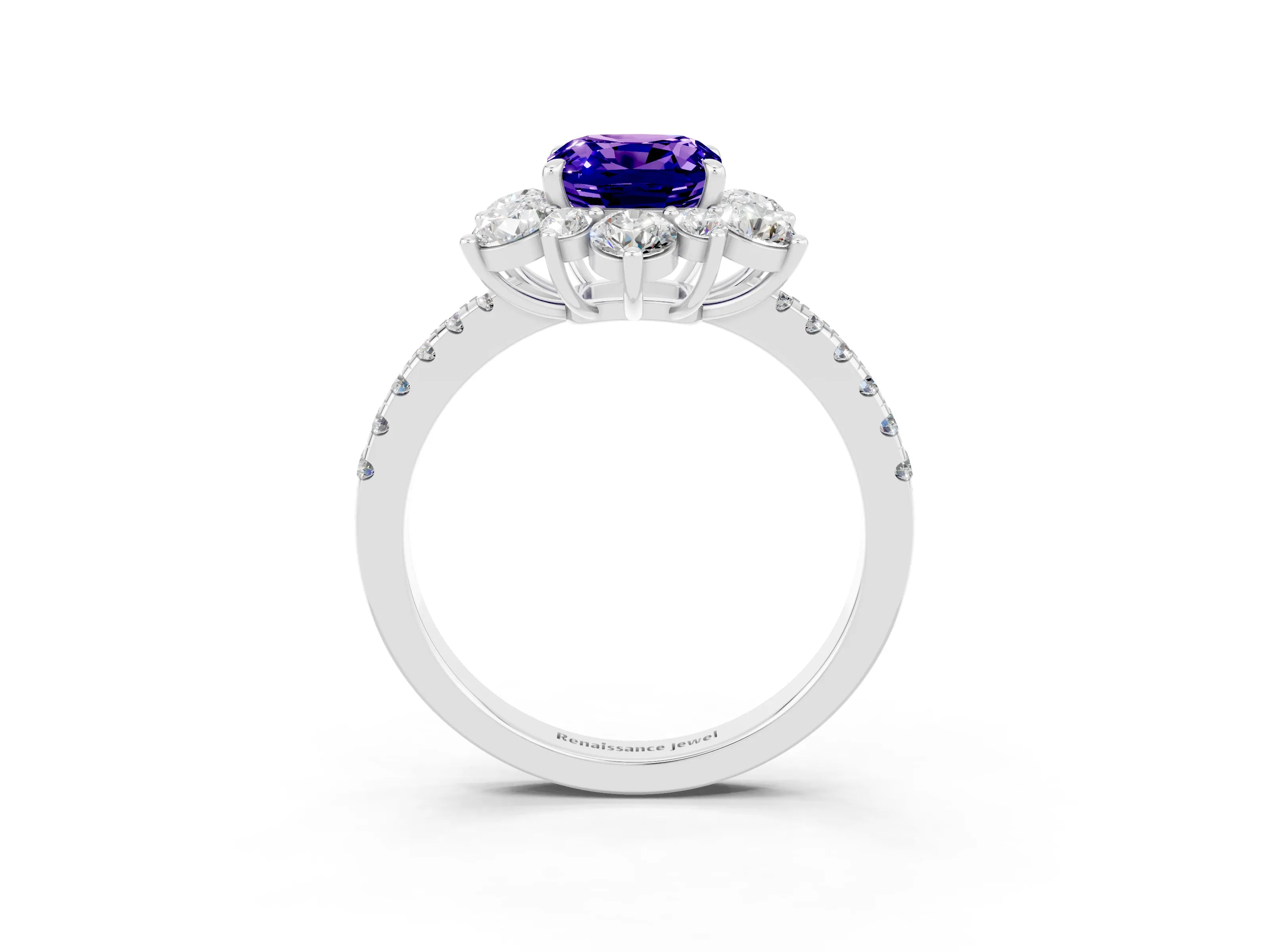 White gold Cushion Cut Cut Diamond Floral Halo Pave Band with Prong Setting_3