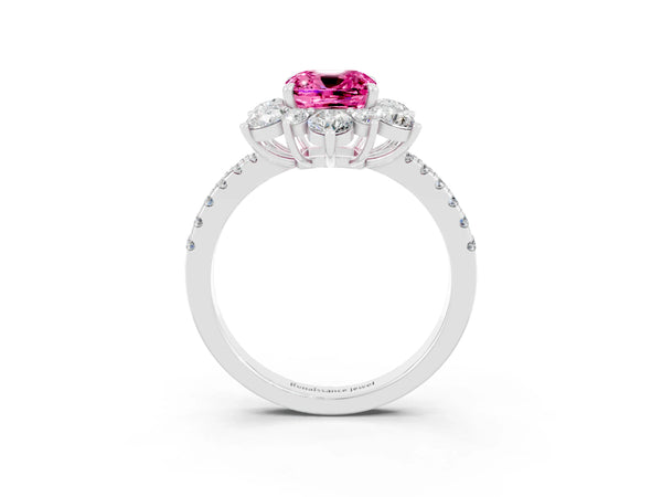 Platinum Cushion Cut Cut Diamond Floral Halo Pave Band with Prong Setting