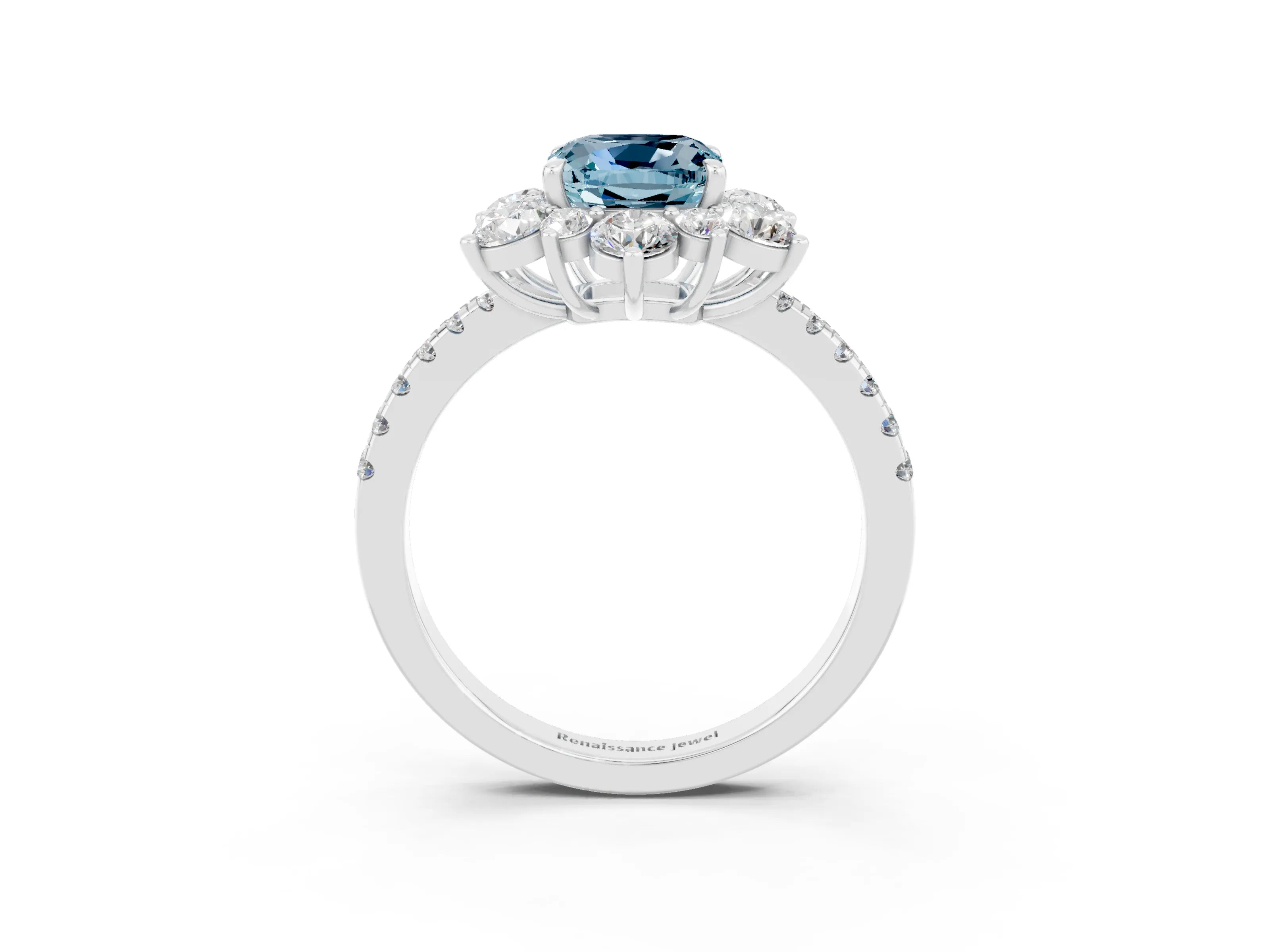 White gold Cushion Cut Cut Diamond Floral Halo Pave Band with Prong Setting_3