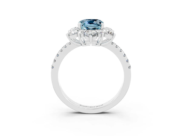 Platinum Cushion Cut Cut Diamond Floral Halo Pave Band with Prong Setting