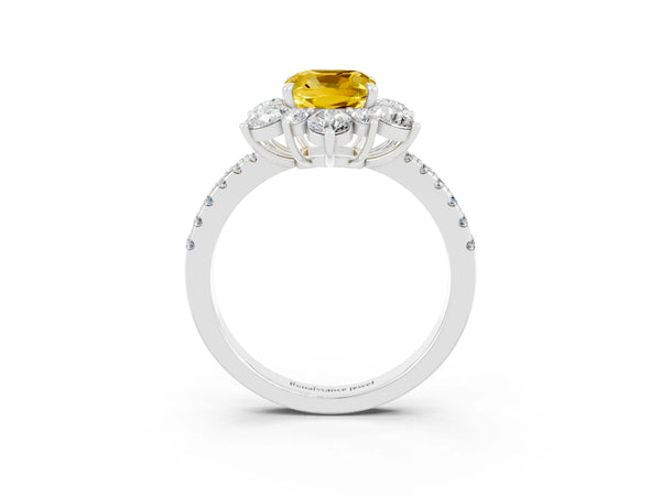 Silver Cushion Cut Yellow Sapphire Floral Halo Ring with Round Pavé Band and Prong Setting