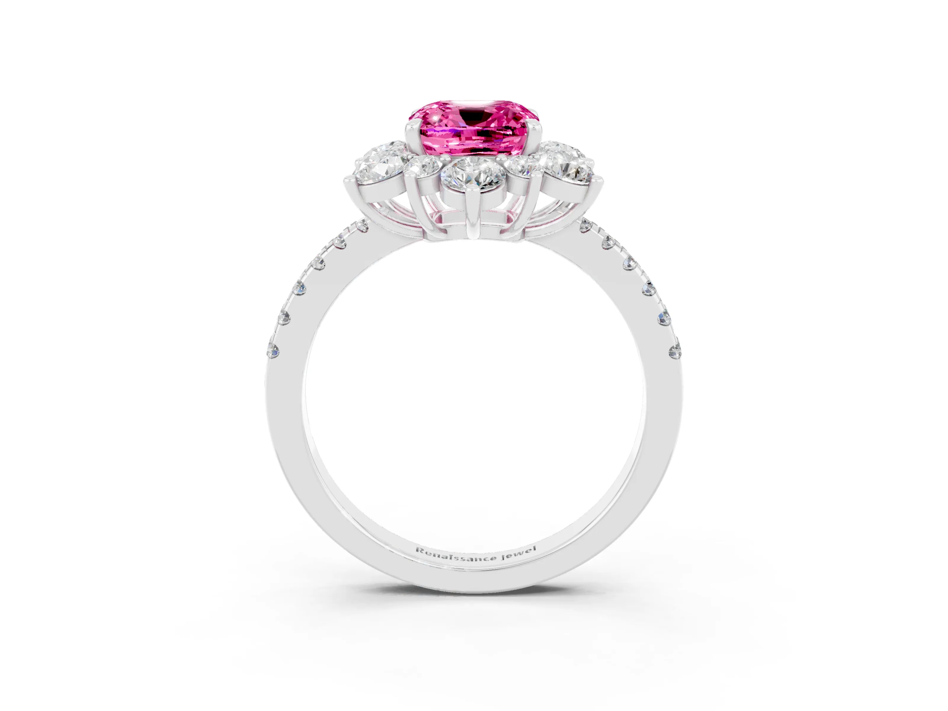 White gold Cushion Cut Cut Diamond Floral Halo Pave Band with Prong Setting_3