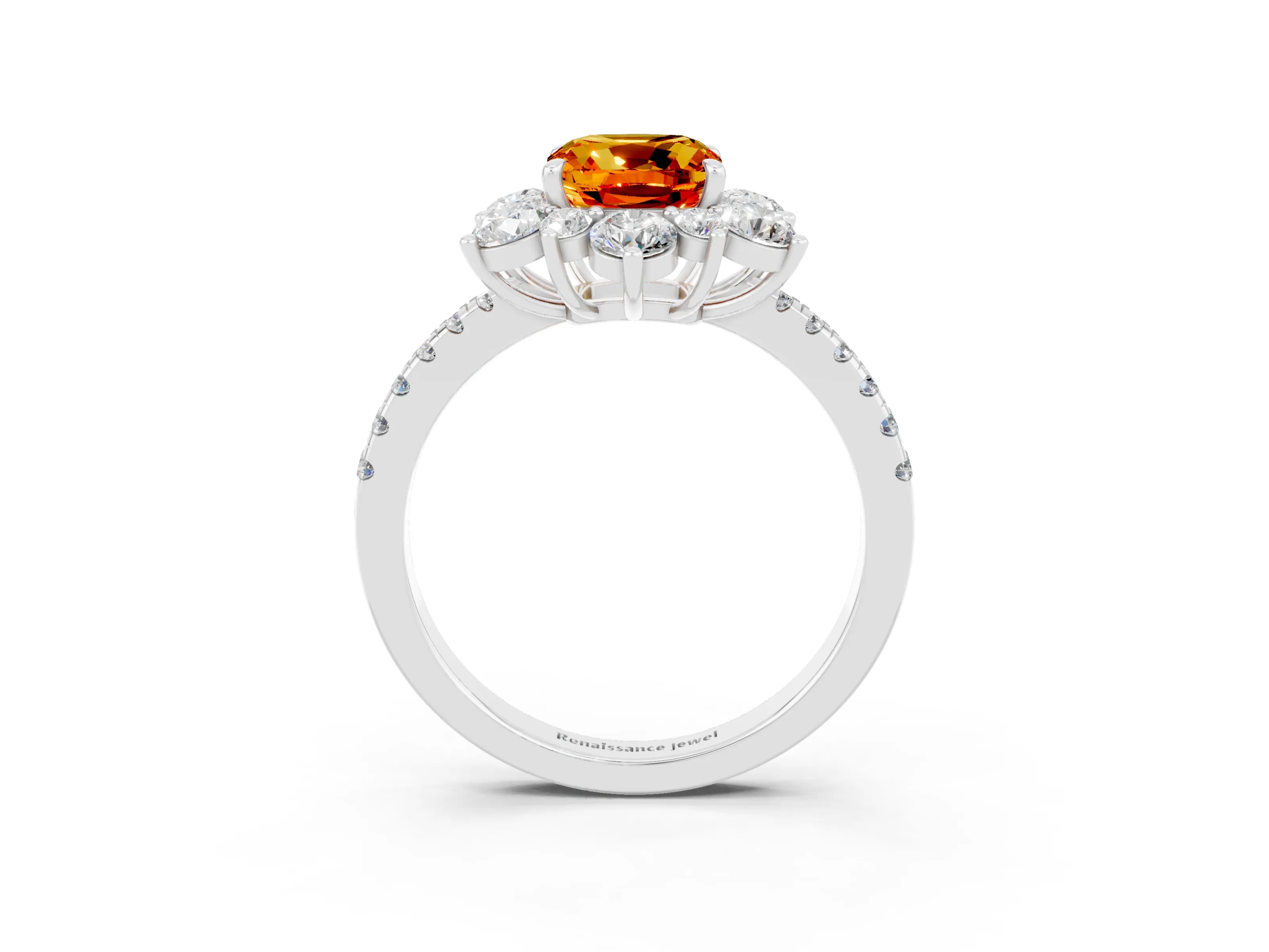 White gold Cushion Cut Cut Diamond Floral Halo Pave Band with Prong Setting_3