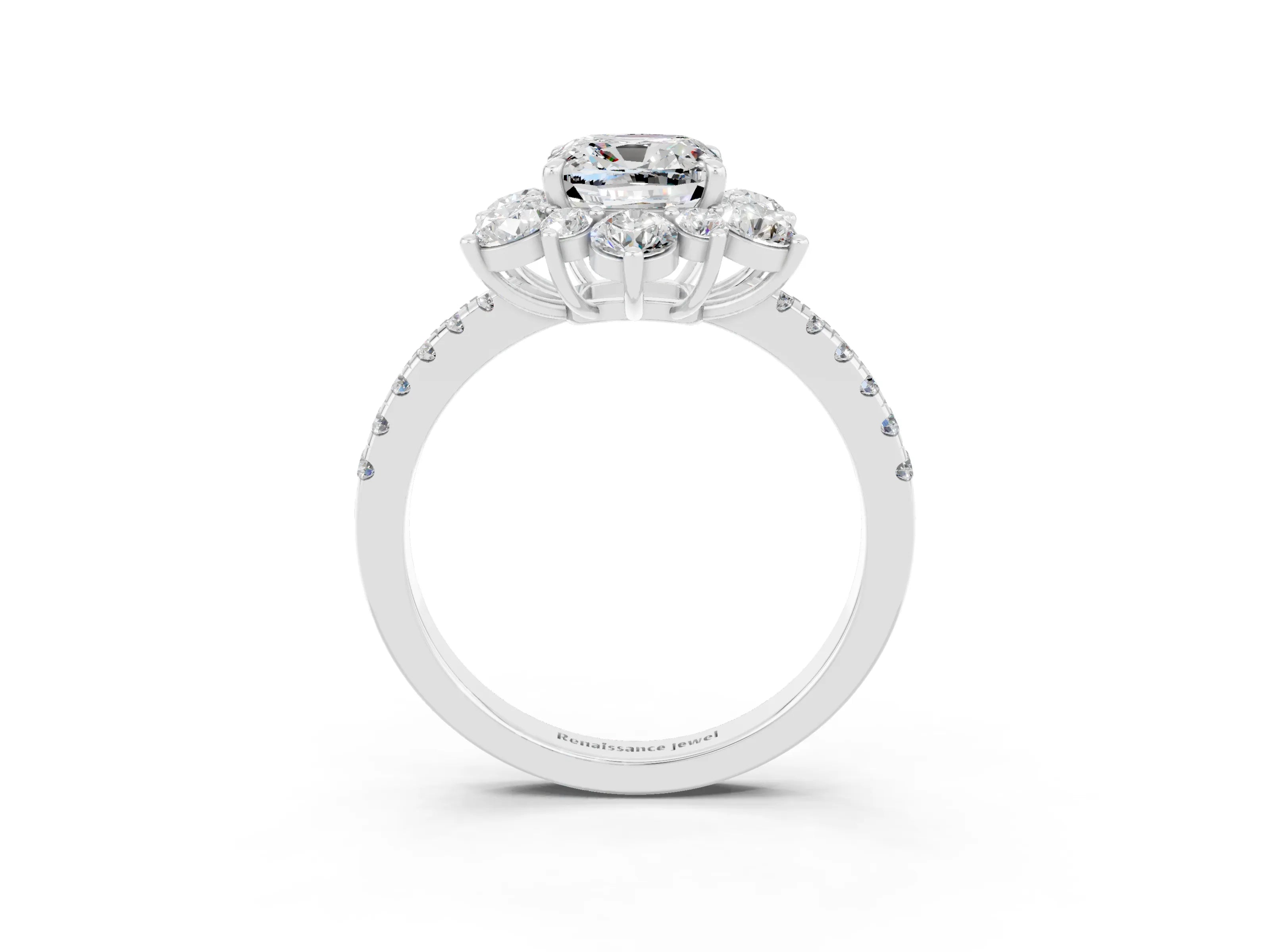 White gold Cushion Cut Cut Diamond Floral Halo Pave Band with Prong Setting_3