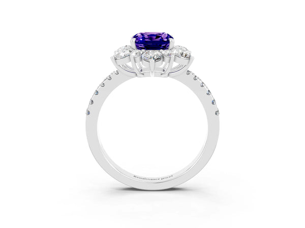 White gold Cushion Cut Tanzanite Floral Halo Ring with Round Pavé Band and Prong Setting