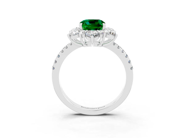 Platinum Cushion Cut Emerald Floral Halo Ring with Round Pavé Band and Prong Setting