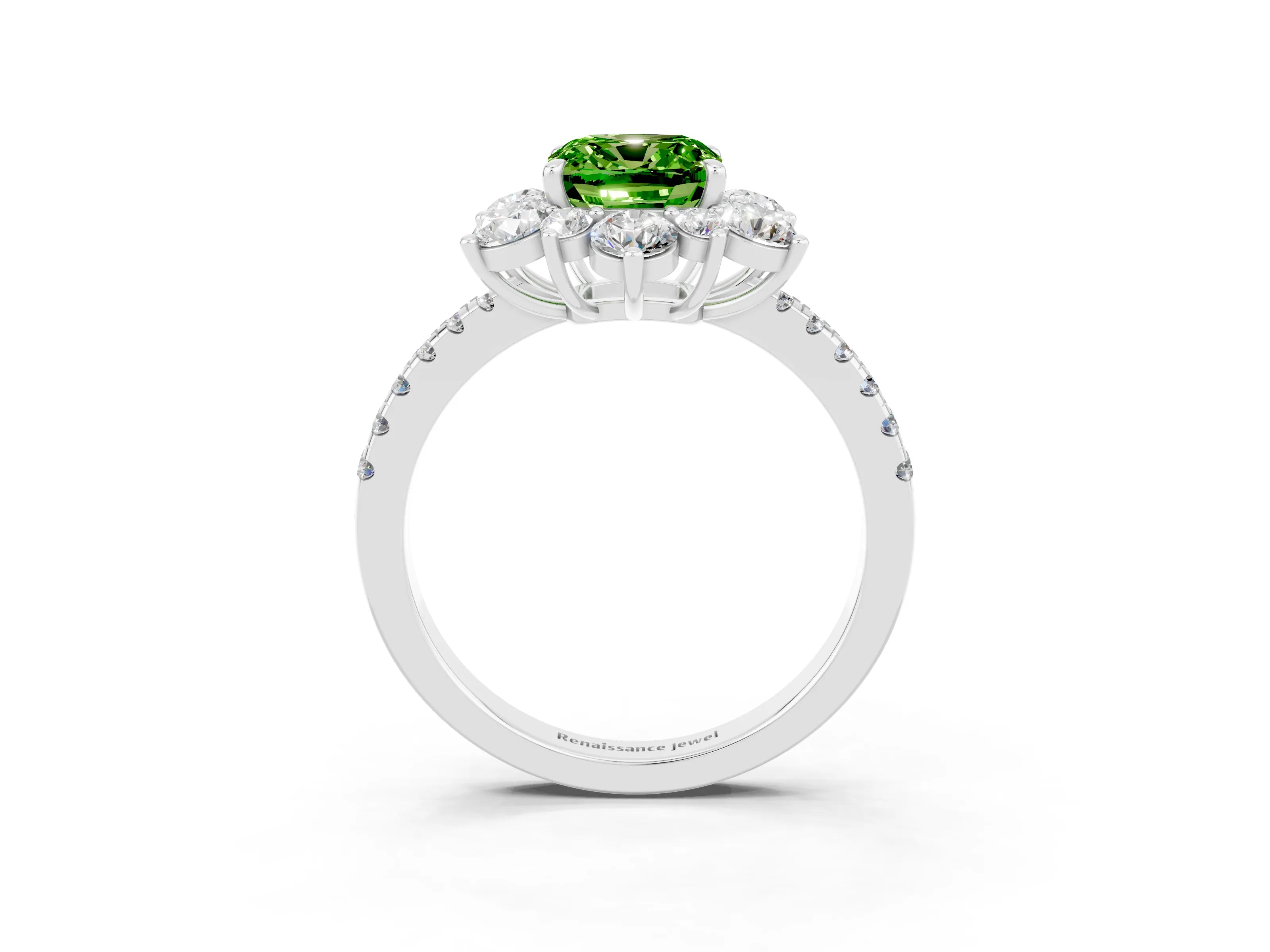 White gold Cushion Cut Cut Diamond Floral Halo Pave Band with Prong Setting_3