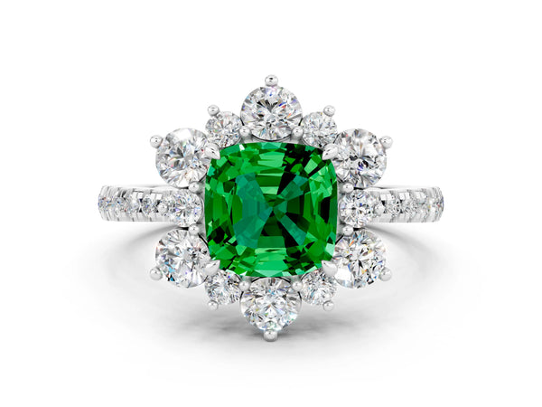 Platinum Cushion Cut Emerald Floral Halo Ring with Round Pavé Band and Prong Setting