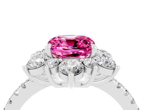 White gold Cushion Cut Cut Diamond Floral Halo Pave Band with Prong Setting_4