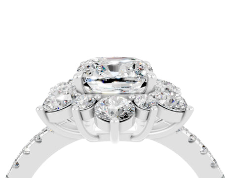 White gold Cushion Cut Cut Diamond Floral Halo Pave Band with Prong Setting_4