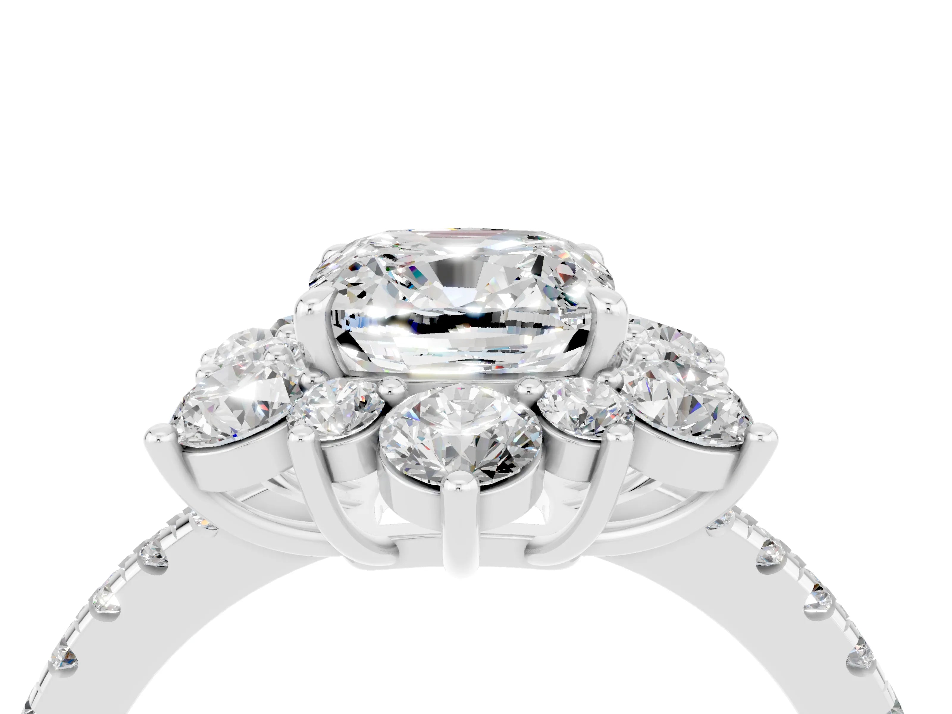 White gold Cushion Cut Cut Diamond Floral Halo Pave Band with Prong Setting_4