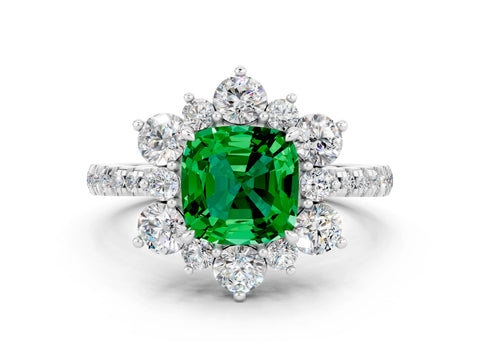 White gold Cushion Cut Cut Diamond Floral Halo Pave Band with Prong Setting