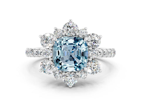 White gold Cushion Cut Cut Diamond Floral Halo Pave Band with Prong Setting