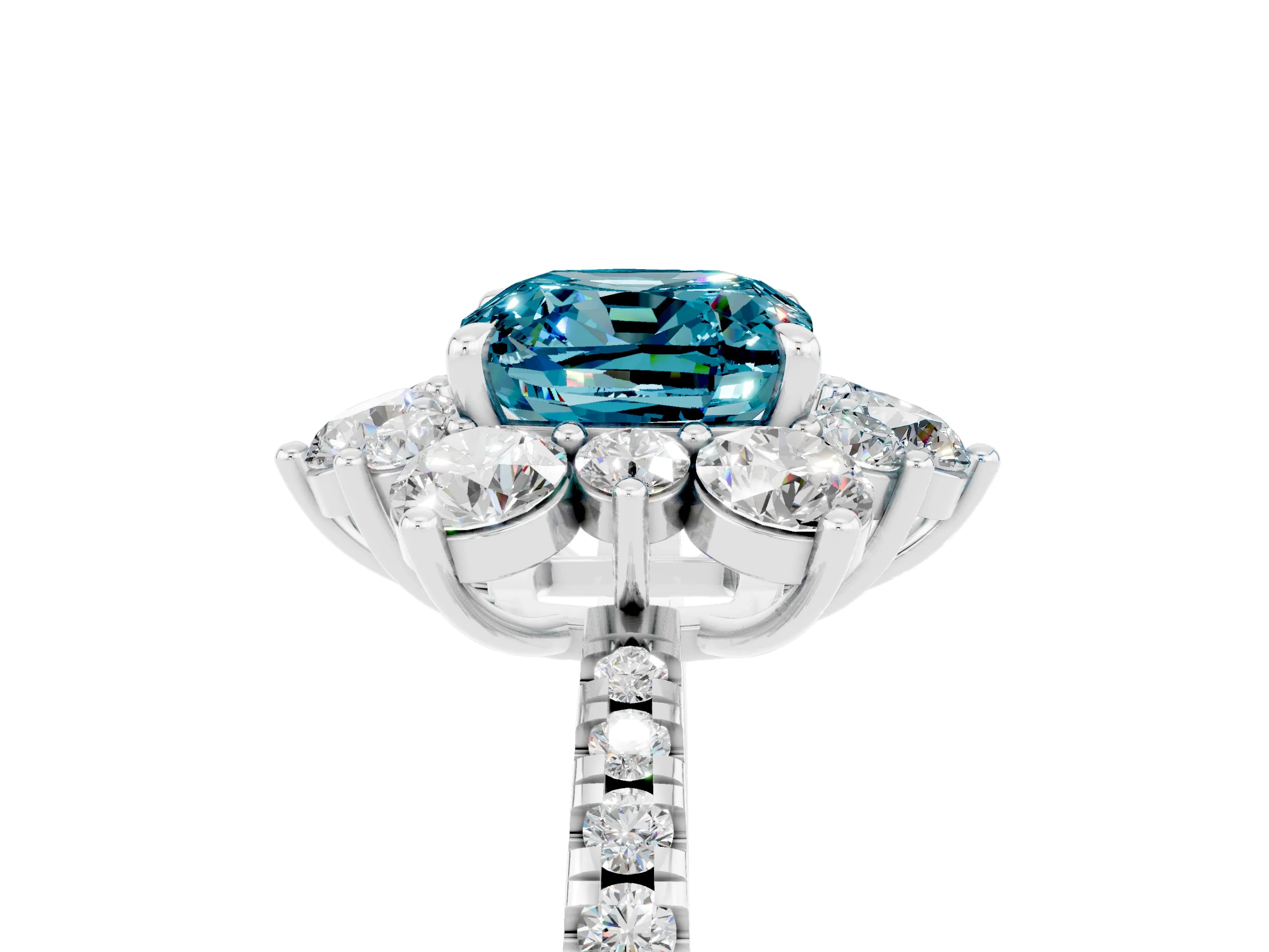 White gold Cushion Cut Cut Diamond Floral Halo Pave Band with Prong Setting_5