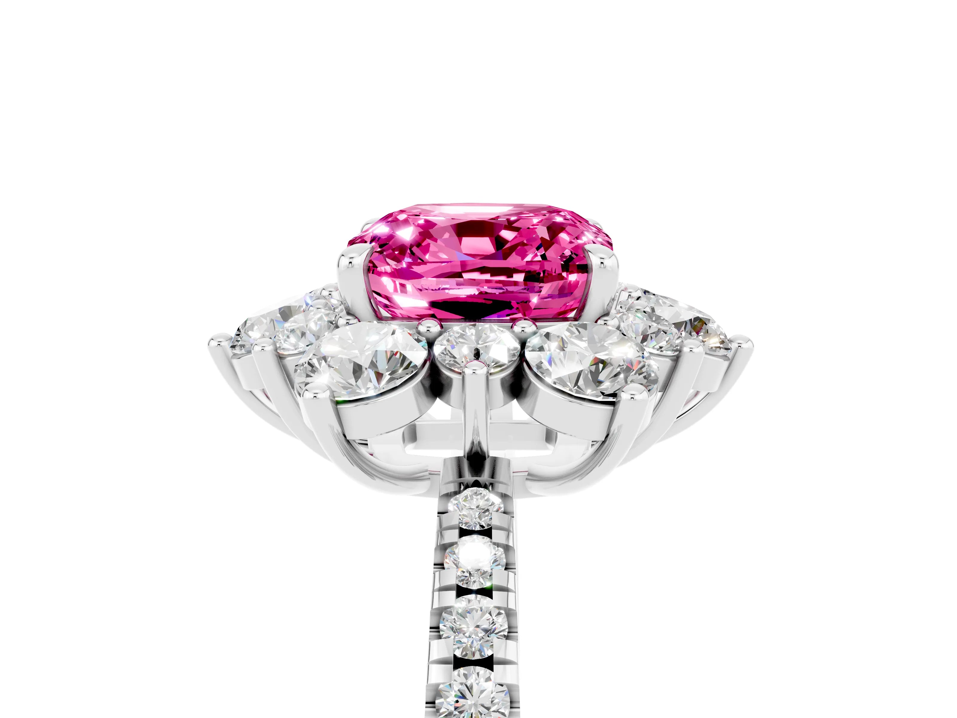 White gold Cushion Cut Cut Diamond Floral Halo Pave Band with Prong Setting_5
