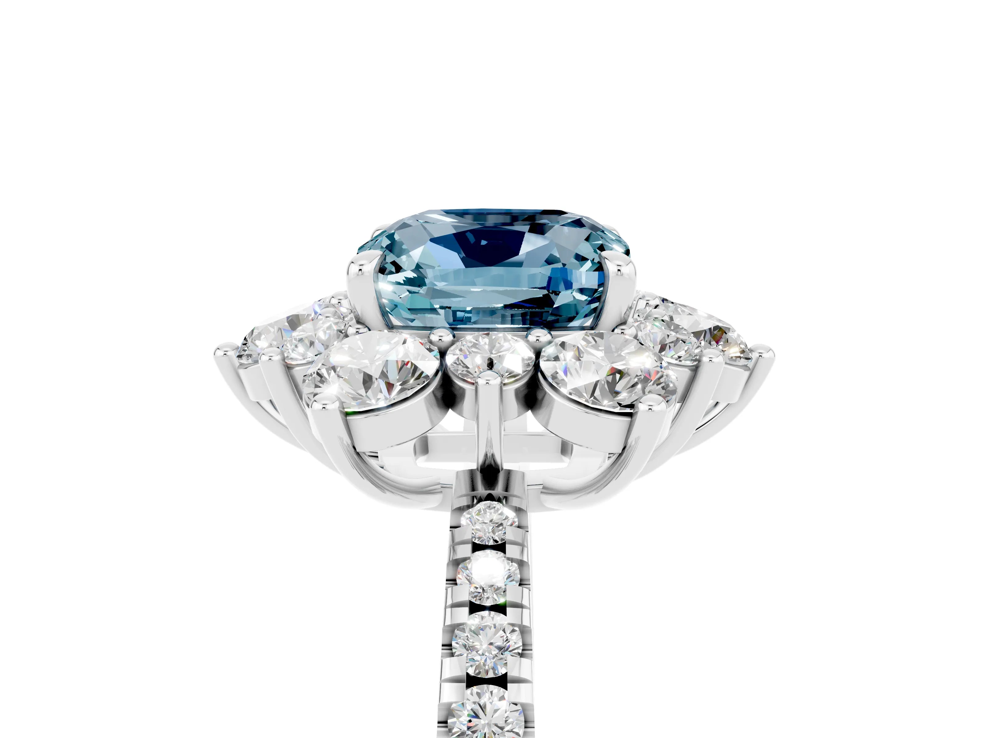 White gold Cushion Cut Cut Diamond Floral Halo Pave Band with Prong Setting_5
