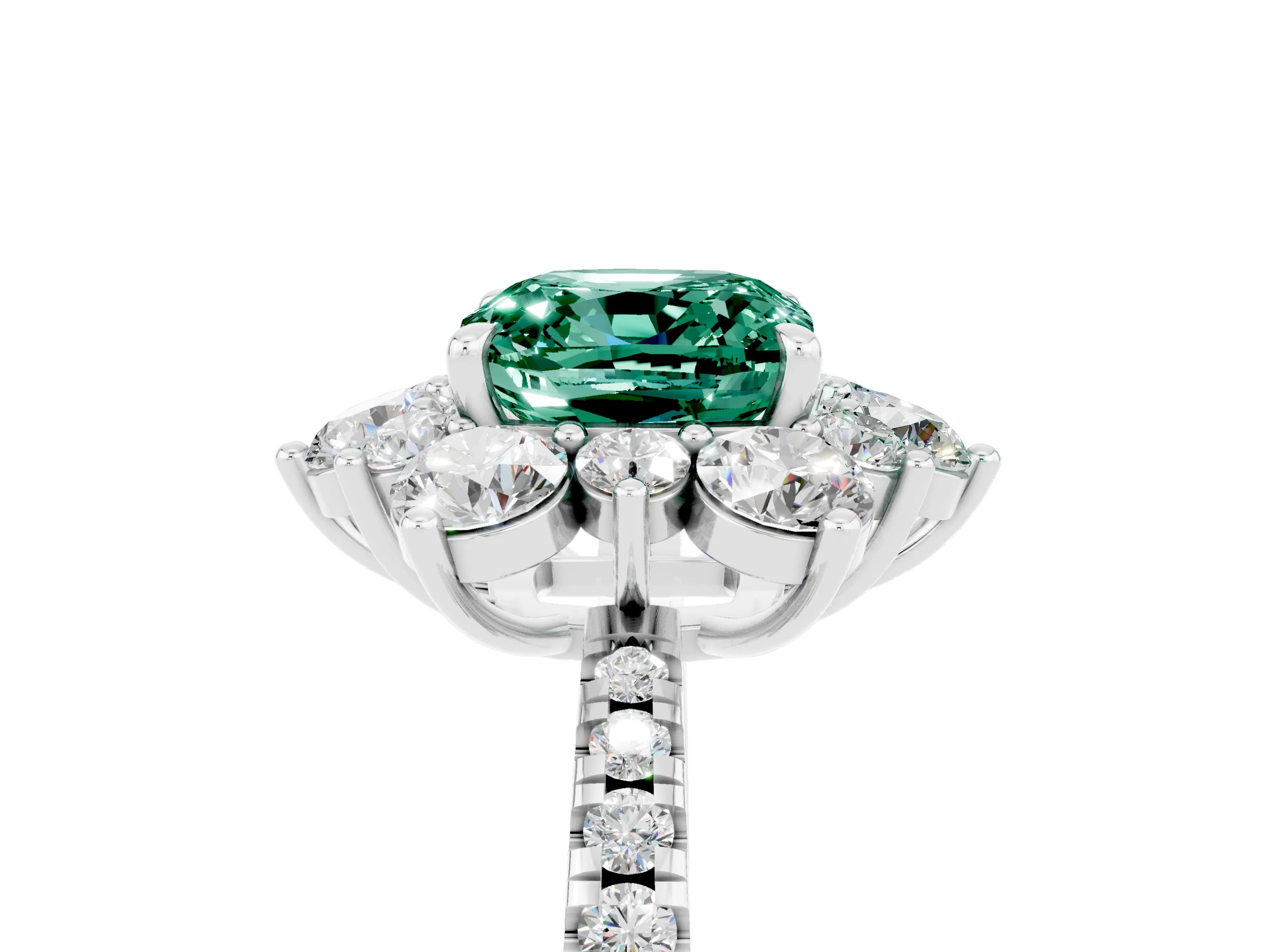 White gold Cushion Cut Cut Diamond Floral Halo Pave Band with Prong Setting_5