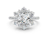 White gold Cushion Cut Cut Diamond Floral Halo Pave Band with Prong Setting