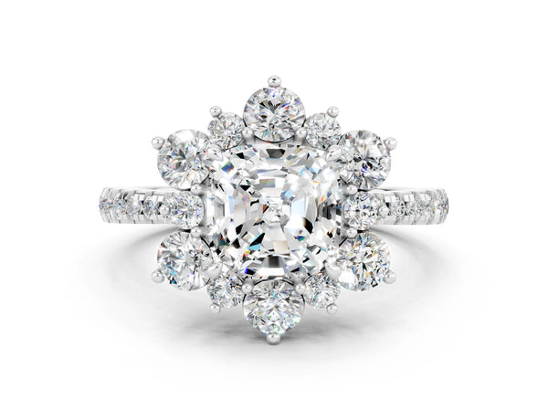 Silver Cushion Cut Moissanite Floral Halo Ring with Round Pavé Band and Prong Setting