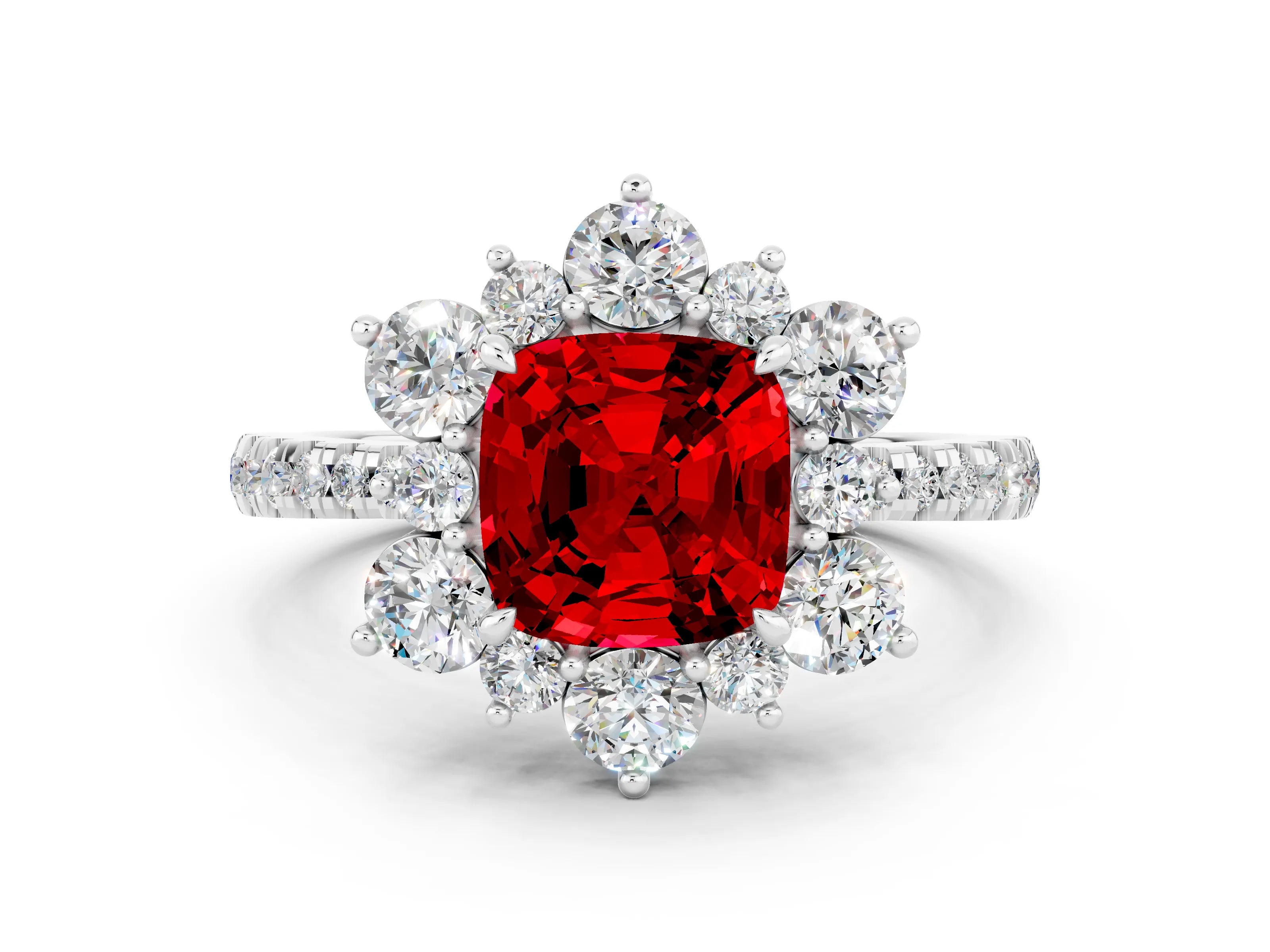 White gold Cushion Cut Cut Diamond Floral Halo Pave Band with Prong Setting