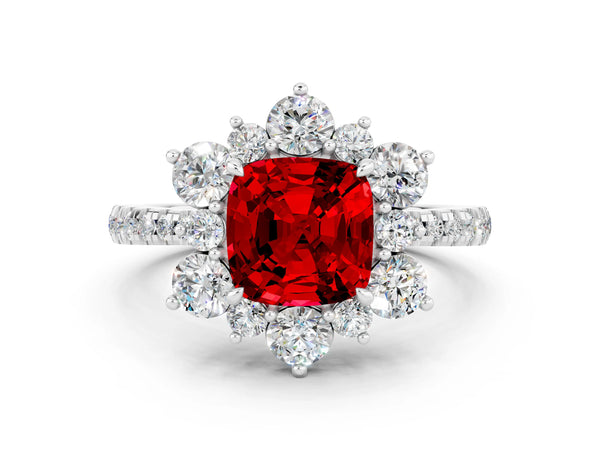 White gold Cushion Cut Ruby Floral Halo Ring with Round Pavé Band and Prong Setting