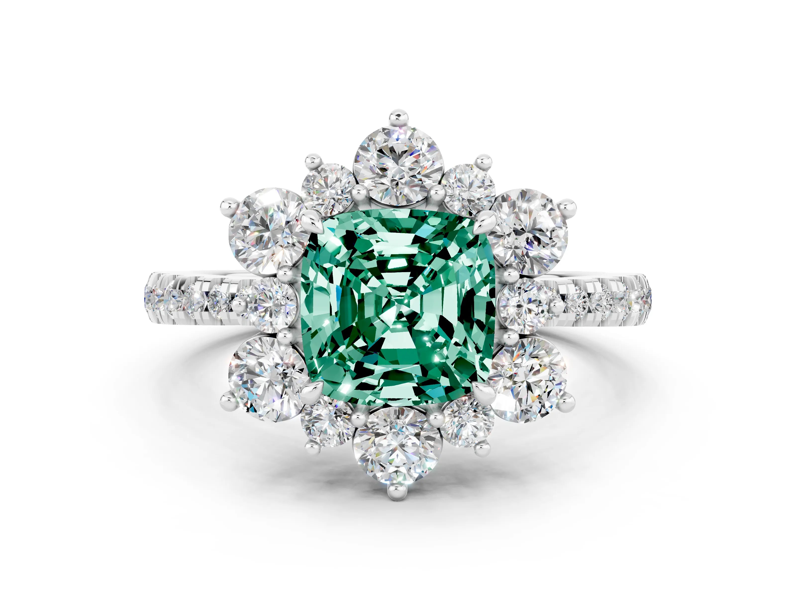 White gold Cushion Cut Cut Diamond Floral Halo Pave Band with Prong Setting