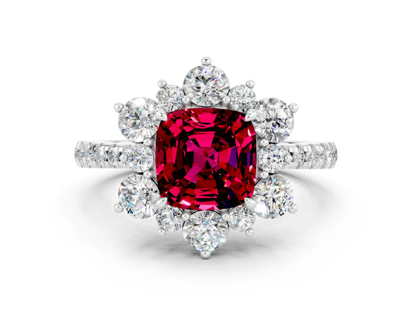 Silver Cushion Cut Garnet Floral Halo Ring with Round Pavé Band and Prong Setting