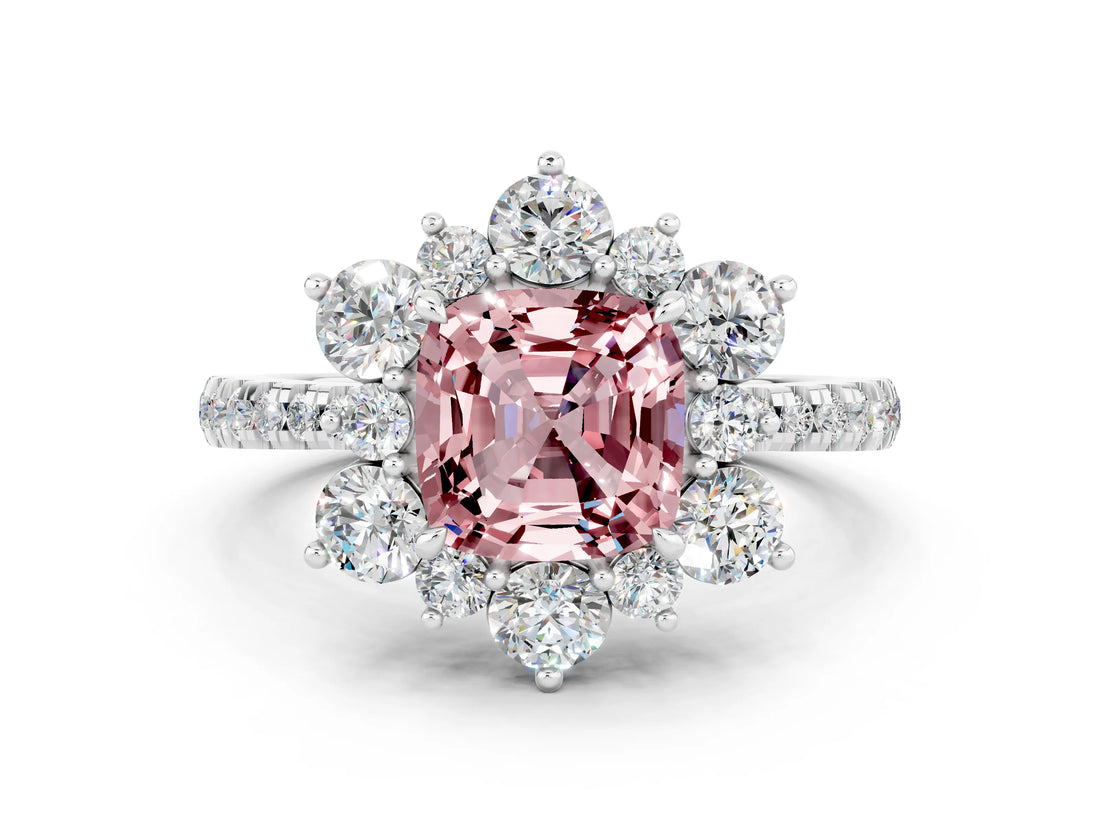 White gold Cushion Cut Cut Diamond Floral Halo Pave Band with Prong Setting