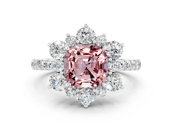 Platinum Cushion Cut Cut Diamond Floral Halo Pave Band with Prong Setting