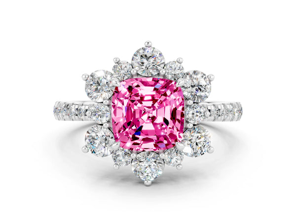 Platinum Cushion Cut Cut Diamond Floral Halo Pave Band with Prong Setting
