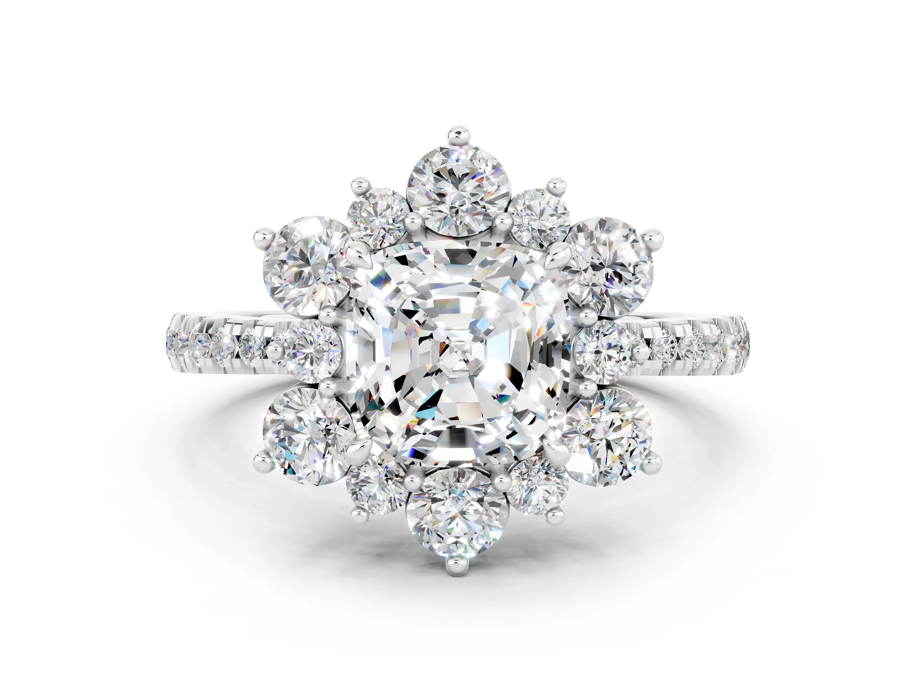 White gold Cushion Cut Cut Diamond Floral Halo Pave Band with Prong Setting