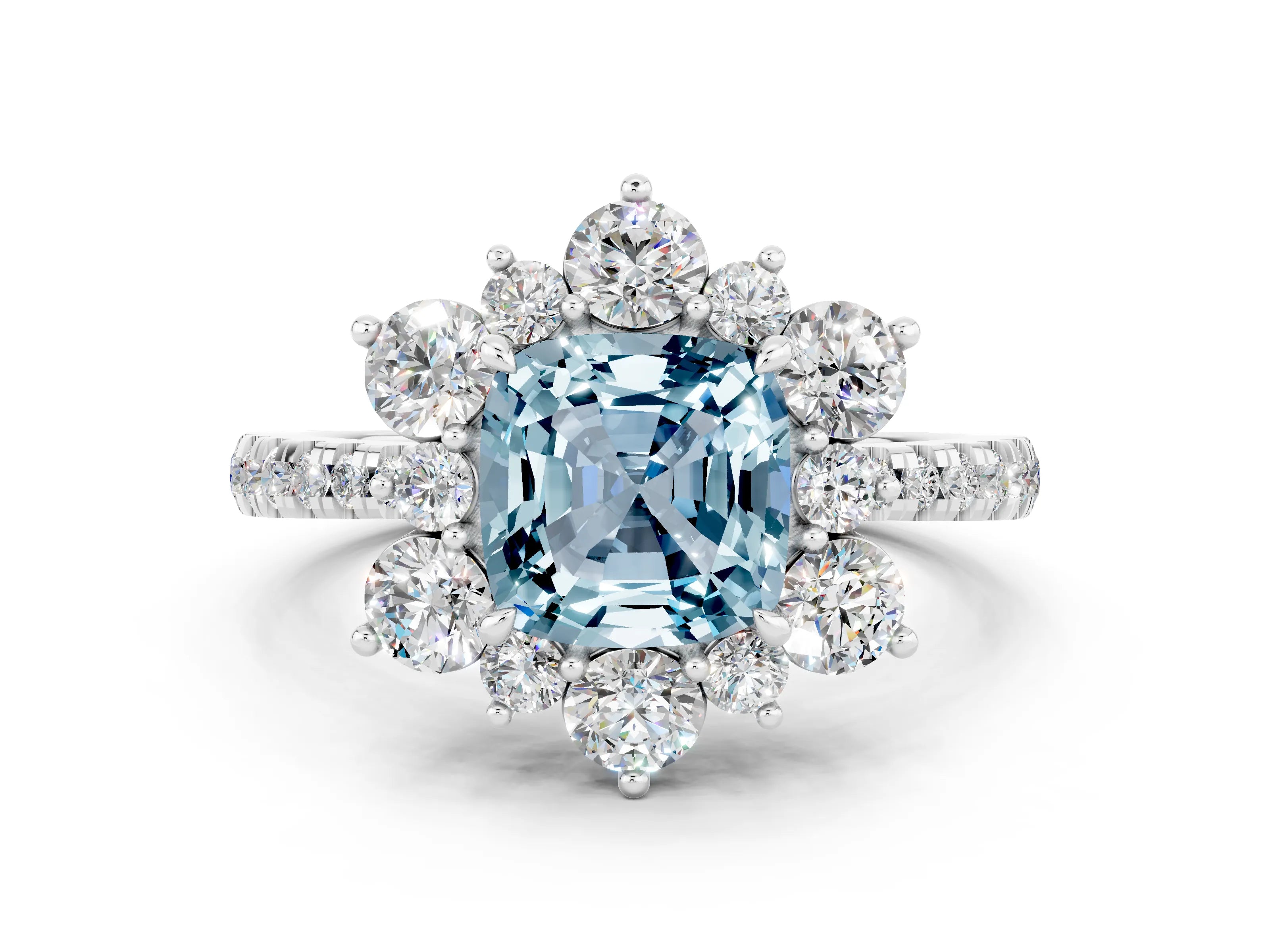 White gold Cushion Cut Cut Diamond Floral Halo Pave Band with Prong Setting
