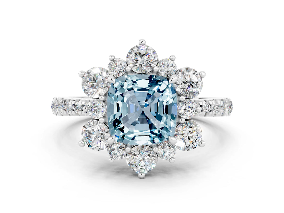 White gold Cushion Cut Cut Diamond Floral Halo Pave Band with Prong Setting