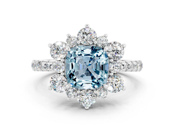 Platinum Cushion Cut Cut Diamond Floral Halo Pave Band with Prong Setting